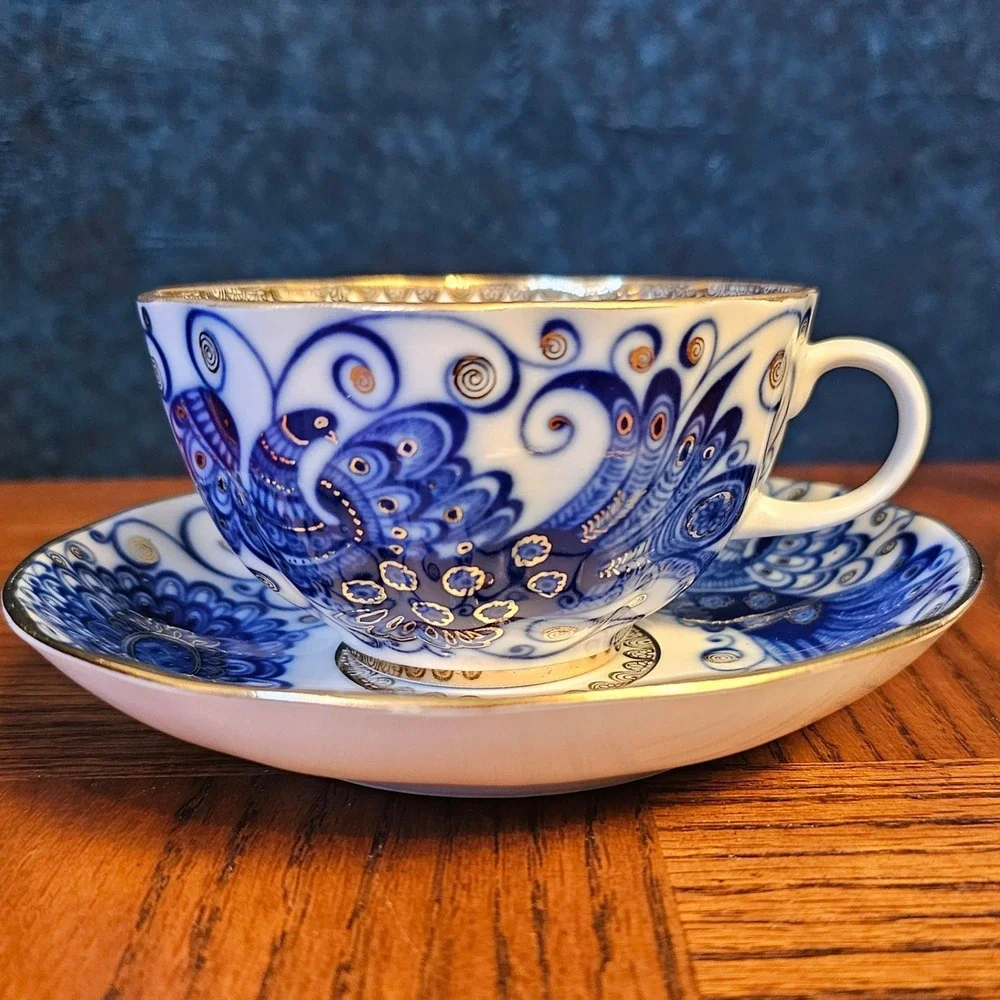 Lomonosov Imperial Porcelain Firebird Tea Cup Saucer Set Cobalt Blue Gold USSR
